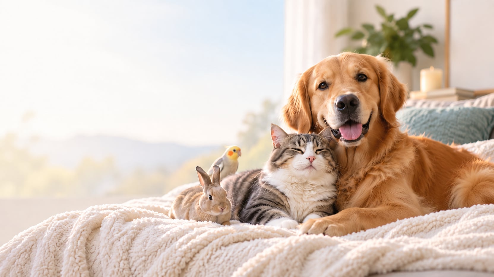 A dog, a cat, a rabbit and a cockatiel on a blanket at home